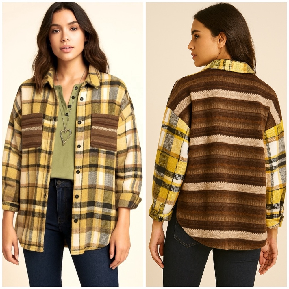 DAVI & DANI | Plaid Patchwork Button Down Shirt Jacket Shacket Yellow & Brown.